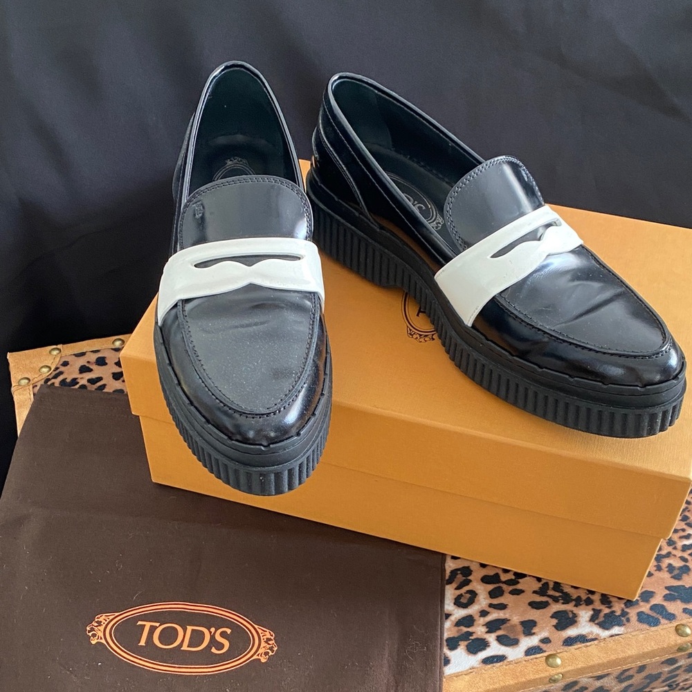 Tod's Glossy Black and White Loafers